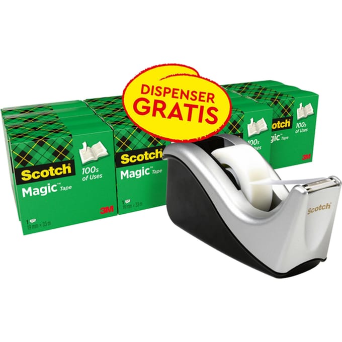 Plakband Scotch Magic 819 19mmx33m mat + plakbandhouder zilver 16 rollen