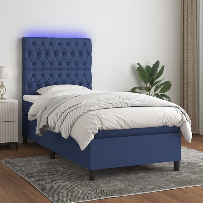 vidaXL - Boxspring - met - matras - en - LED - stof - blauw - 90x200 - cm