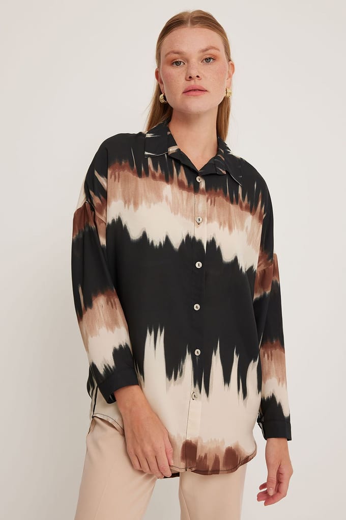 Overmaatse Abstracte Geweven Langarmshirt met Knopsluiting