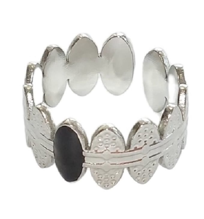 Ring Ovaal - RVS - One Size - Zilverkleurig en Zwart