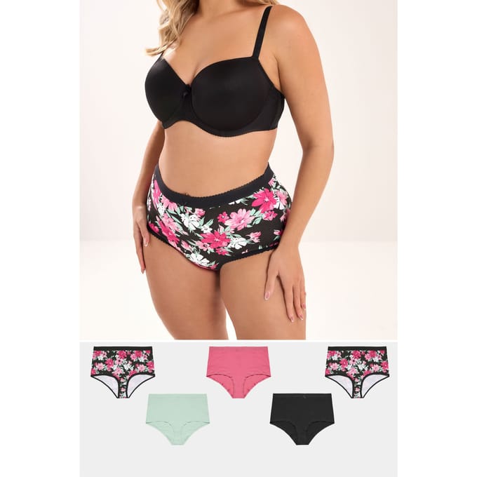 Yours 5 Pack Zwarte Slips Met Volledige Dekking En Bloemenprint Size 42-44