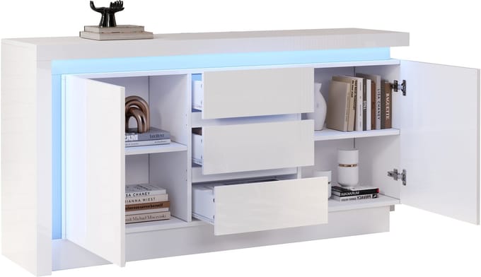 MODFU Luxe Hoogglans Dressoir (140 cm) - Slanke Opbergkast met 3 Lades, 2 Deuren & App LED Verlichting - Wit