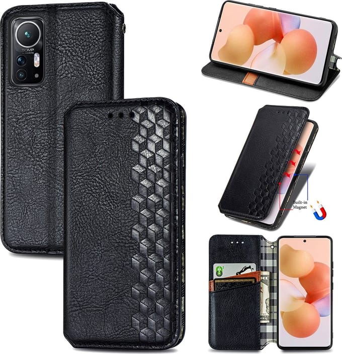 Luxe PU Lederen Ruitpatroon Wallet Case + PMMA Screenprotector voor Redmi 12 (4G/5G) _ Zwart
