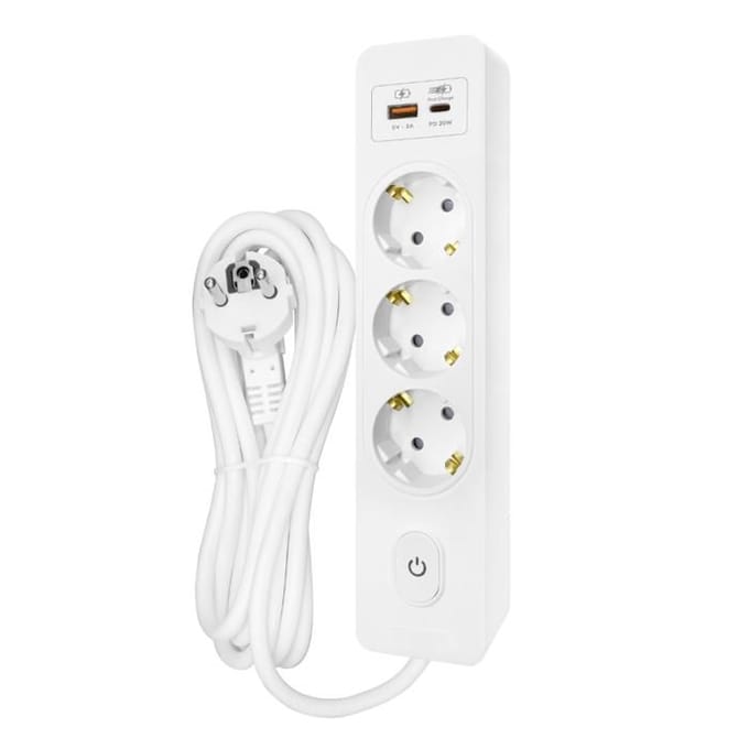 Verdeelblok SELDUR G3TH52B, 3 stopcontacten type F + schakelaar, USB A+C snelladen 20W, Wit, kabel 5m wit