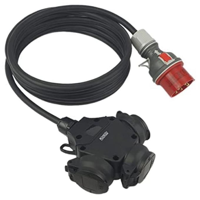 CEE Schuko Adapter 380V naar 220V - 16A Voedingsadapter met 5m Rubber Verlengsnoer
