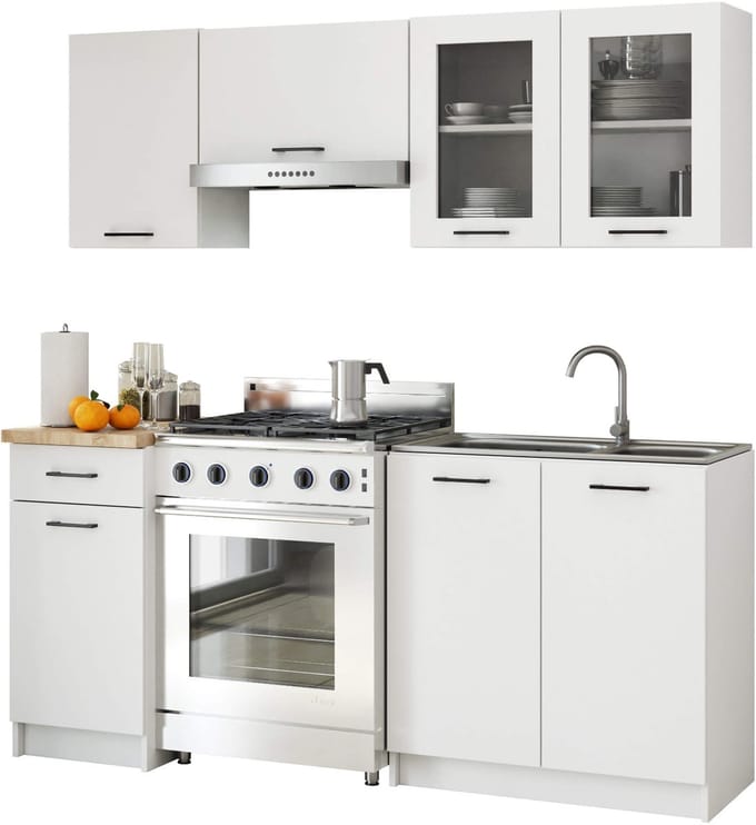 Oliwia Bkeukenmeubelset met Vitrine - 1.8M - Wit Mat - Met 5 Elementen - Incl. Sonoma Eiken Blad