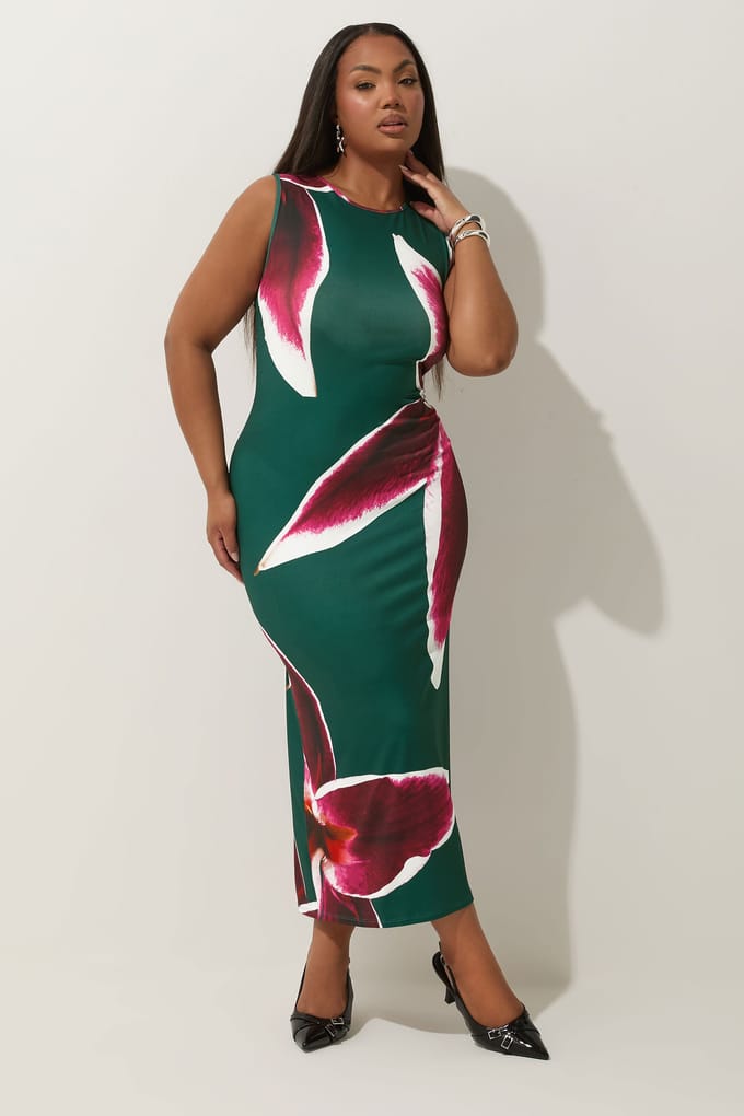 Limited Collection Maxi Jurk Met Grote Bloemenprint In Donkergroen Size 48
