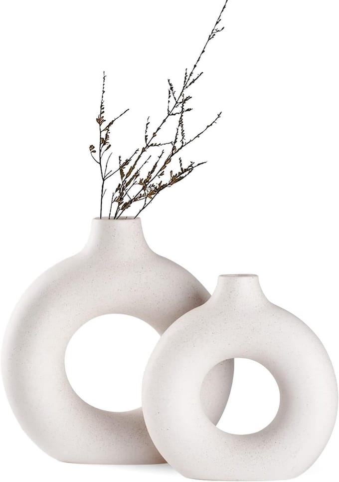 Famanu – Set van 2 witte keramische donut-vazen - rond - modern - pampasgras - neutraal - boho - Scandinavisch