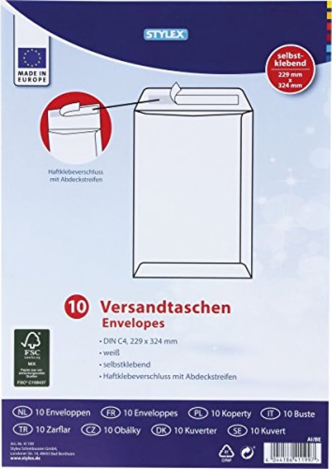 Enveloppen wit - A4 formaat - 10stuks -