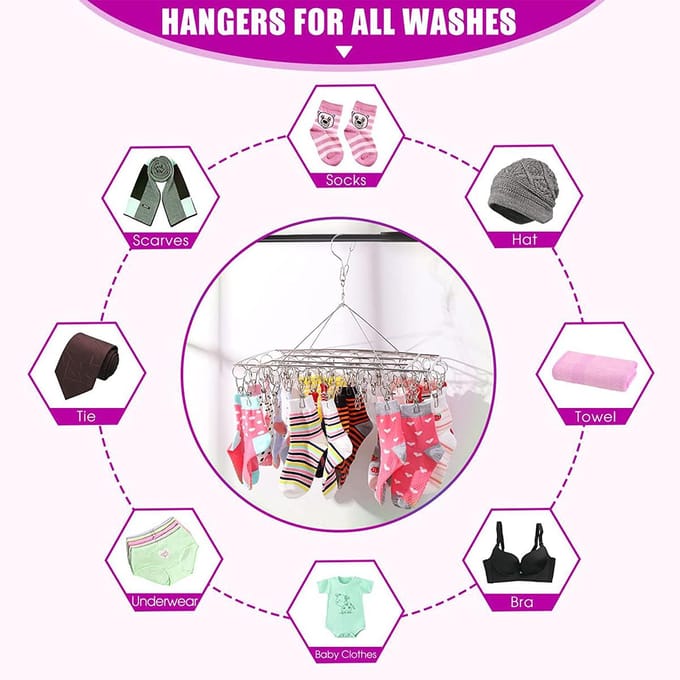 Séchoir à chaussettes avec 30 clips en acier inoxydable, support pivotant et coupe-vent pour égouttoir à linge gray