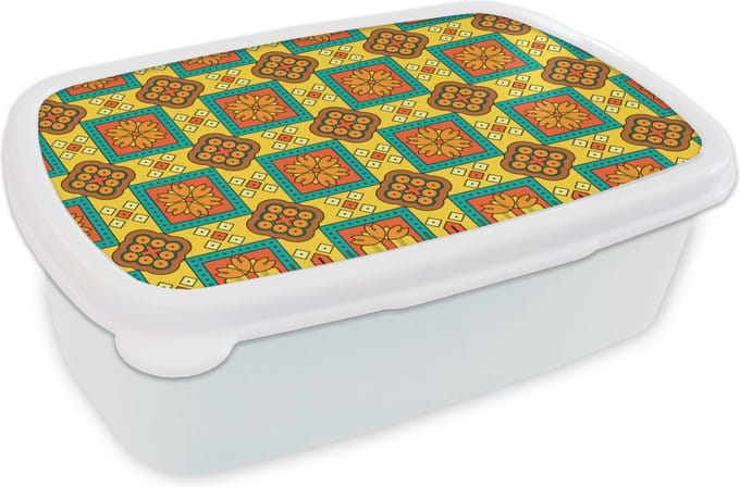 Broodtrommel Wit - Lunchbox - Brooddoos - Patchwork - Retro - Bloemen - Design - 18x12x6 cm - Volwassenen