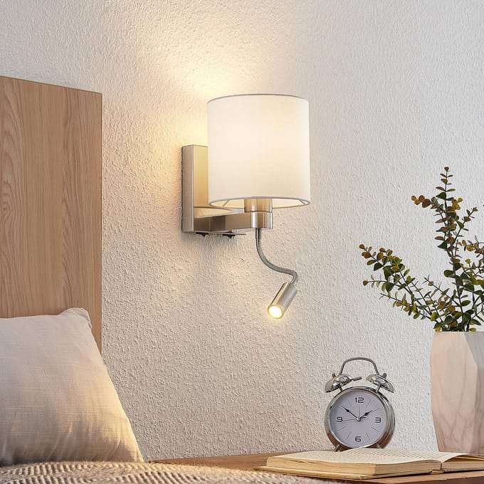 Lucande - wandlamp - 1licht - Staal, aluminium, textiel - H: 45.4 cm - E27 - nikkel satijn, wit