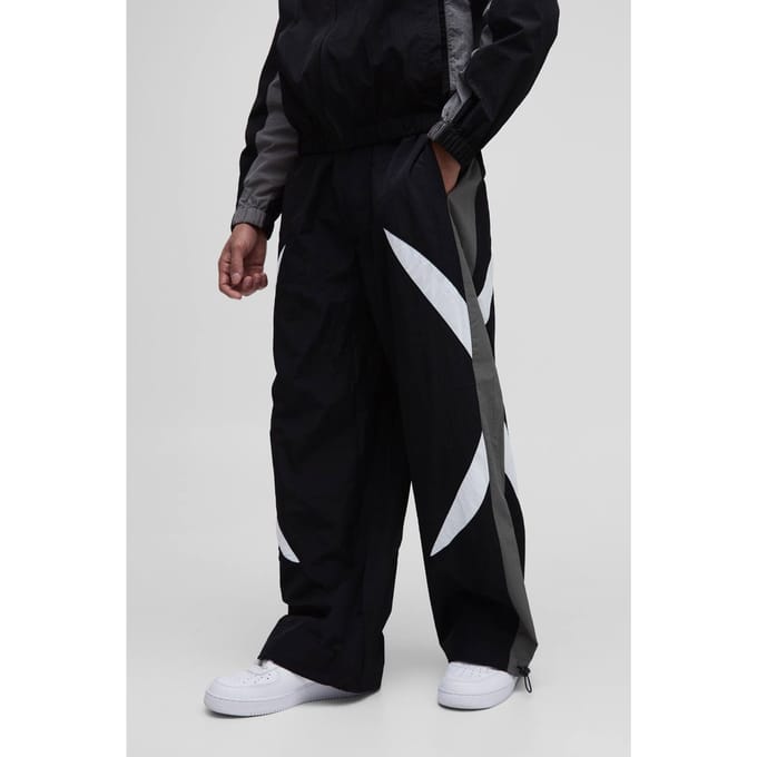 Elasticated Waist Parachute Side Stripe Track Pants | Black | Size Medium