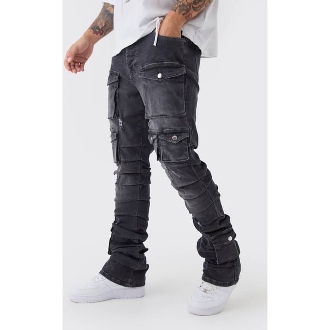 Skinny Stacked Multi Cargo Pocket Flared Jeans | Mid Grey | Size 36R
