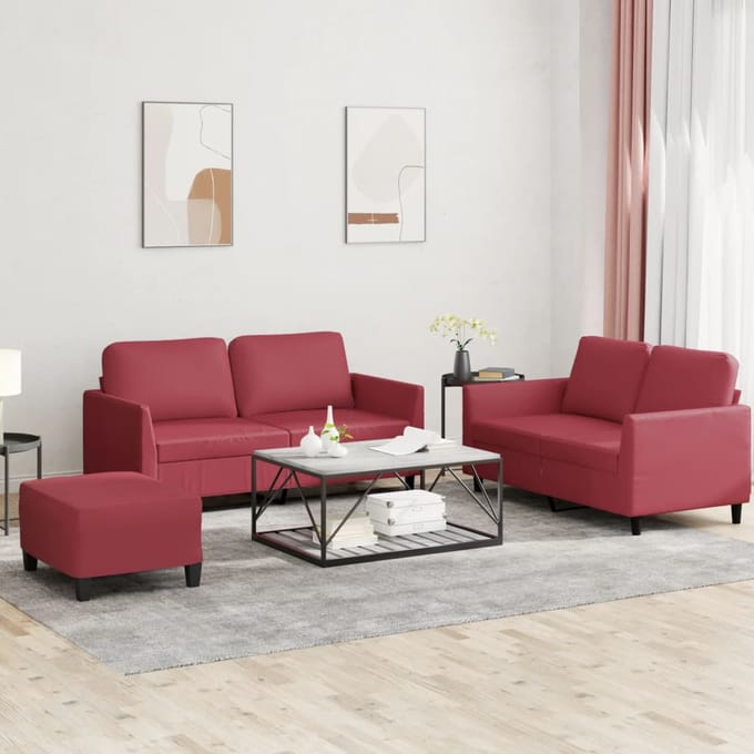 vidaXL - 3-delige - Loungeset - met - kussens - kunstleer - wijnrood
