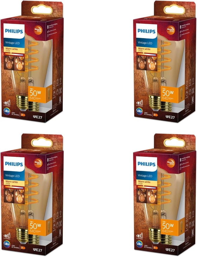 Philips Voordeelverpakking - E27 - WarmGlow - LED Edisonlamp - Filament - Amber - 50W - Dimbaar - Warmwit Licht - Set van 4 Stuks