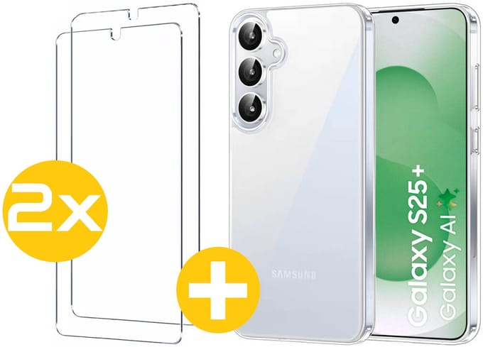 Hoesje en Screenprotector Combi Geschikt Voor Samsung Galaxy S25+ (S25 PLUS) - Transparant Hoesje + 2x Screenprotector