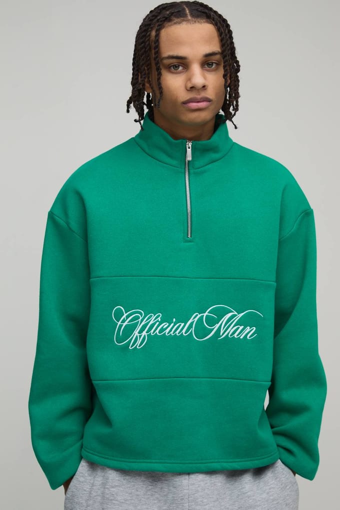 Oversized Boxy Official Man Quarter Zip Panel Sweatshirt | Forest | Size Small