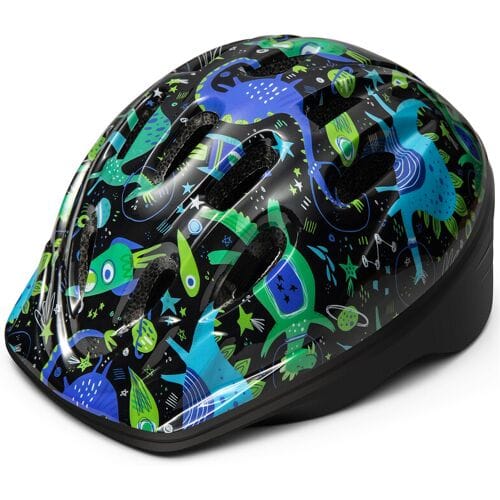 Outdoormaster Ibex Kinder- en juniorfietshelm - voor loopfiets en peuterscooter, blauwe dinosaurus, maat M