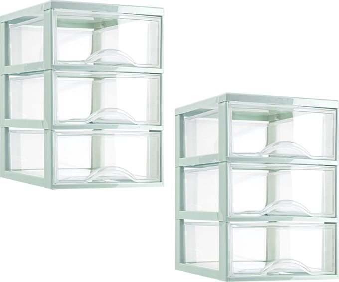 Plasticforte ladeblokje/bureau organizer - 2x - 3 lades - transparant/mintgroen - L18 x B25 x H25 cm