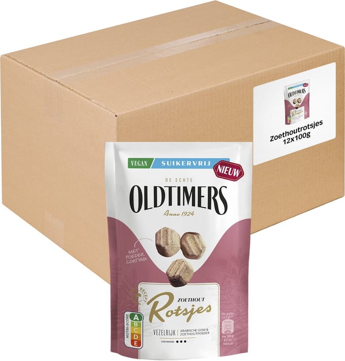 Oldtimers - Drop - Zoethout Rotsjes Suikervrij - 12 zakjes - 100 gram