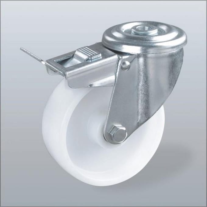 Nylon zwenkwiel geremd met centraal gat - 100mm - 200kg