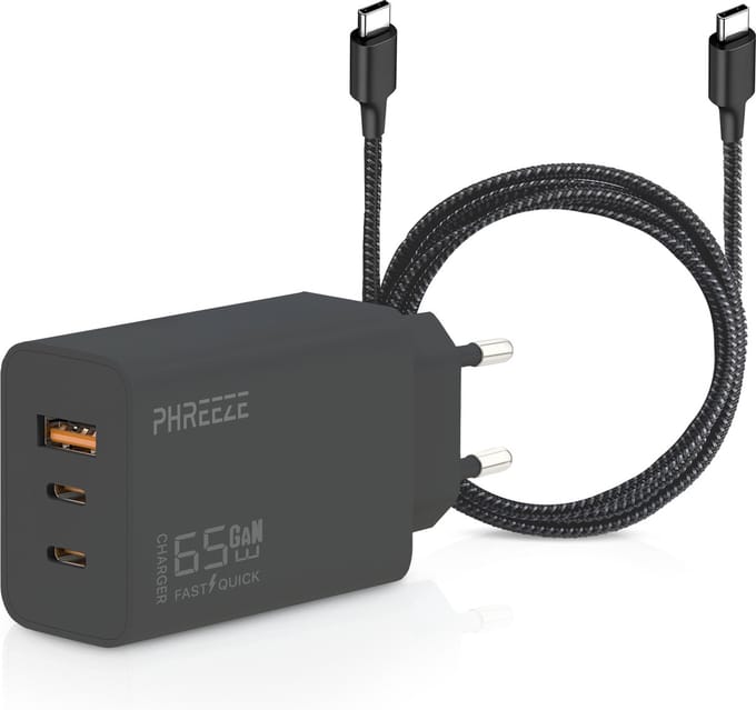 USB C Adapter 65W + USB C Naar USB C Kabel 2 Meter - 2 USB-C & 1 USB-A Snellader - Laptop Oplader Geschikt voor iPhone 15, 16 , Samsung S20, S21, S22, S23, S24, Macbook - Wit