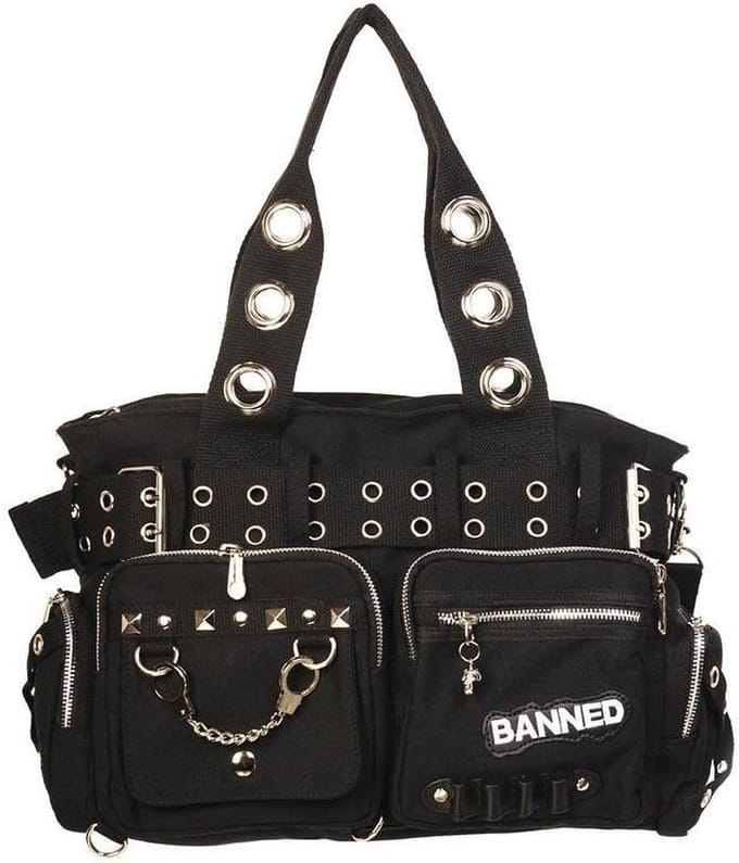 Dames Handtas Zwart met Studs en Oogjes - Grote Schoudertas met Verstelbare Band