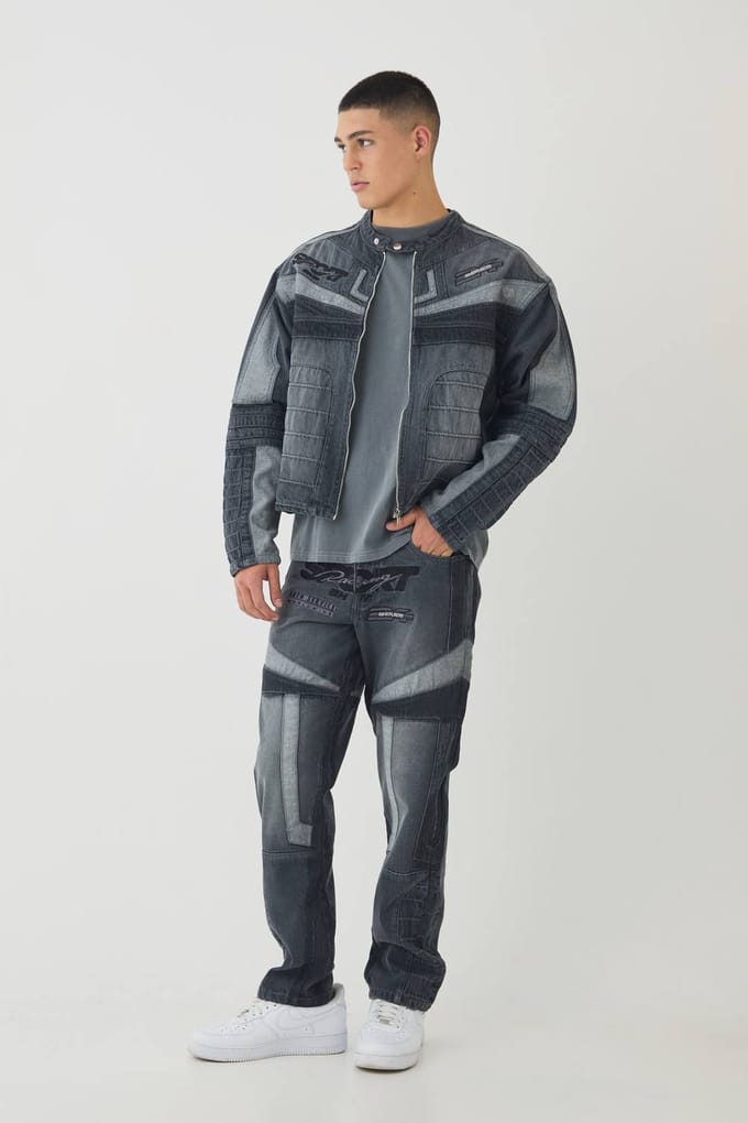 Straight Leg Moto Applique Jeans | Grey | Size 48R