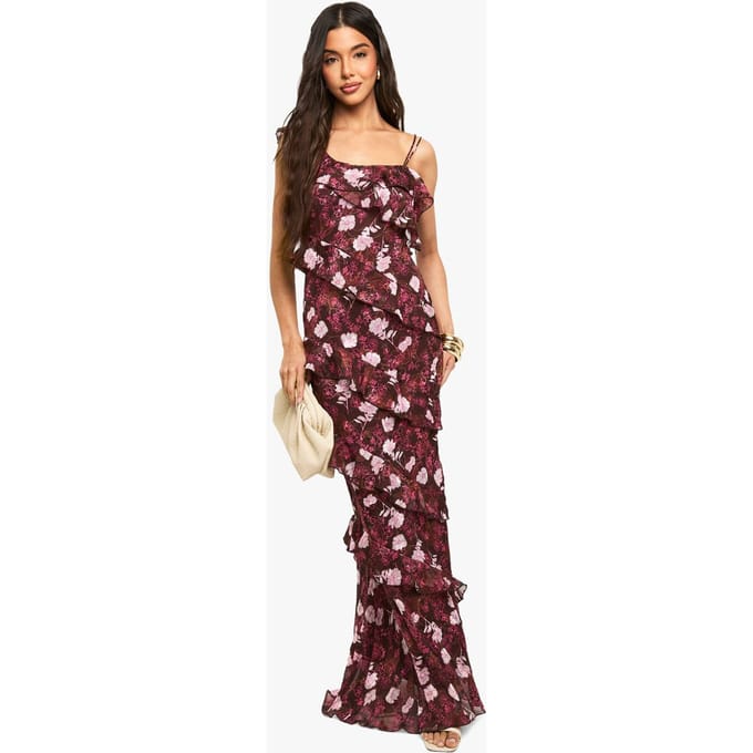 boohoo Dames Bloemige One Shoulder Ruffle Maxi Jurk | Merlot | Maat: 38