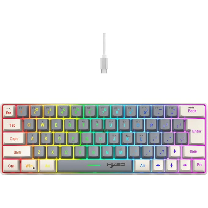 Clavier à membrane 63 touches avec éclairage coloré, filaire, pour jeux, câble USB-C détachable, pour bureau gris/blanc