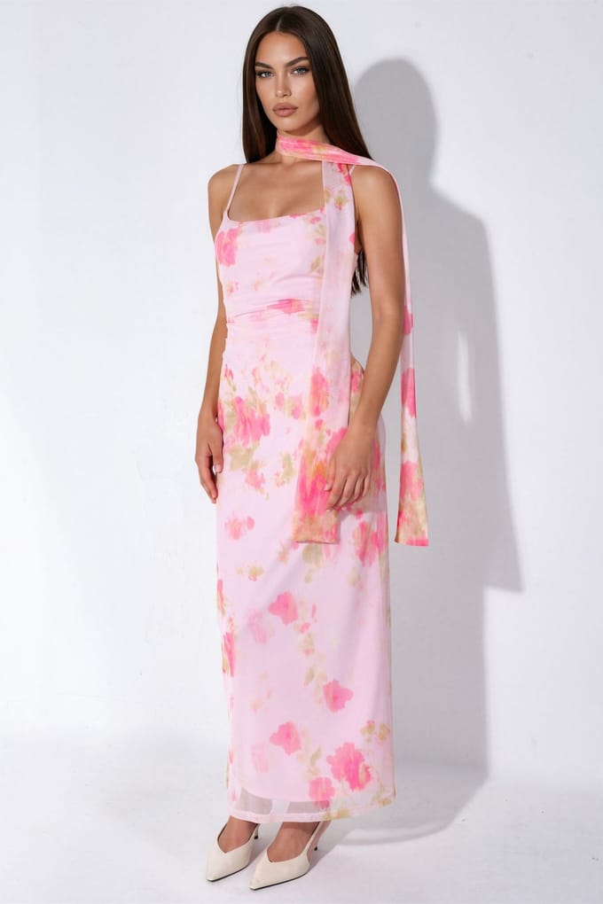 Geprinte Tulle Midi-jurk met Sjaaldetail