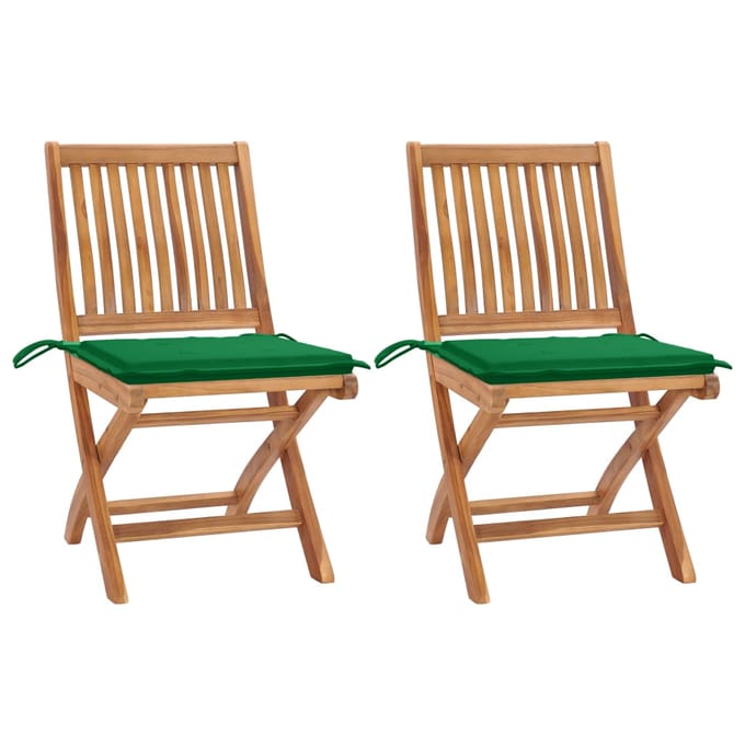 vidaXL - Inklapbare - stoelen - 2 - st - met - groene - kussens - massief - teakhout