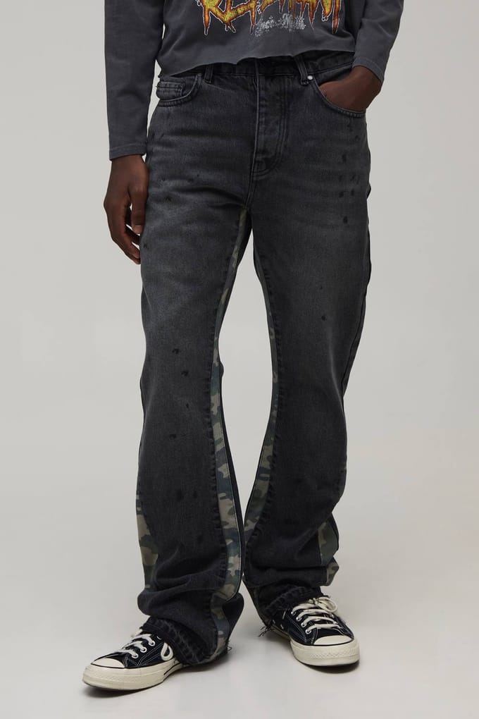 Gewassen Camo Gusset Gestapelde Wijduitlopende Jeans | Washed Black | Size 36R