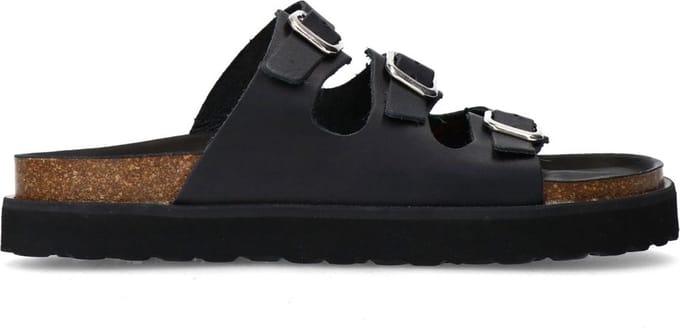 Sacha - Dames - Zwarte leren slippers met buckles - Maat 36