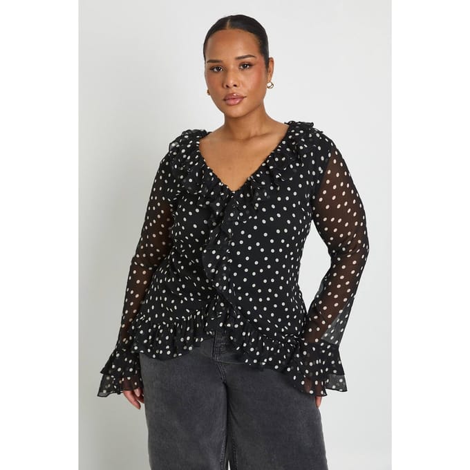 boohoo Dames Plus Chiffon Zebra Ruffle Top | Zwart | Maat: 46