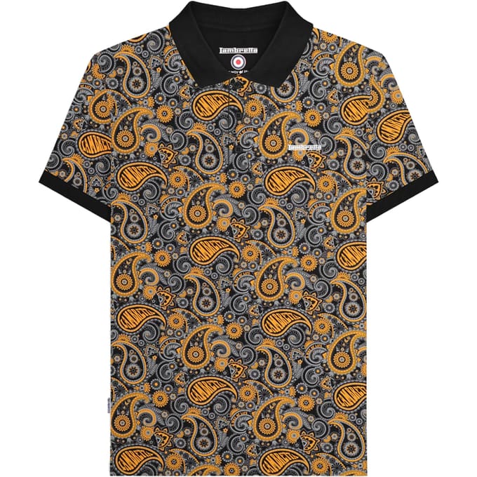 Lambretta Heren Paisley Poloshirt (Zwart/Goud)