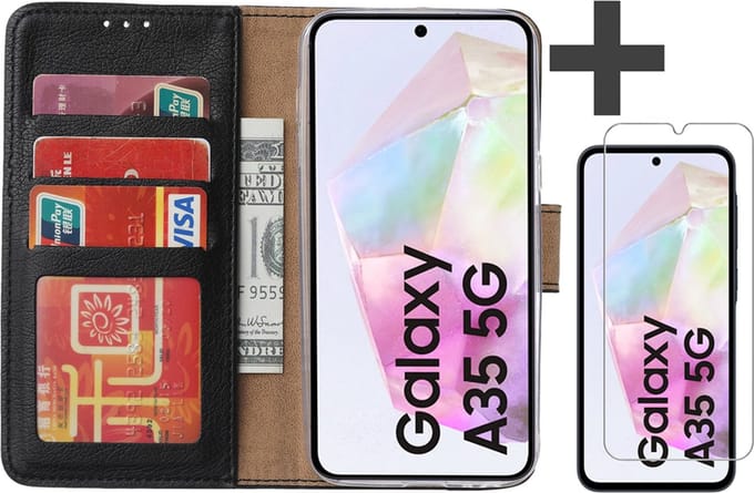 Hoesje met Screenprotector Geschikt voor Samsung Galaxy A35 – Arara bookcase met pasjeshouder - Zwart