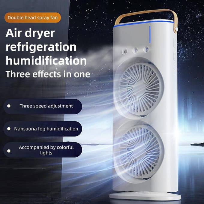 Ventilateur tour de pulvérisation à double tête, avec humidificateur à brume de contrôle, réglable à 180 degrés, rotatif à 90 degrés, Rechargeable blanc