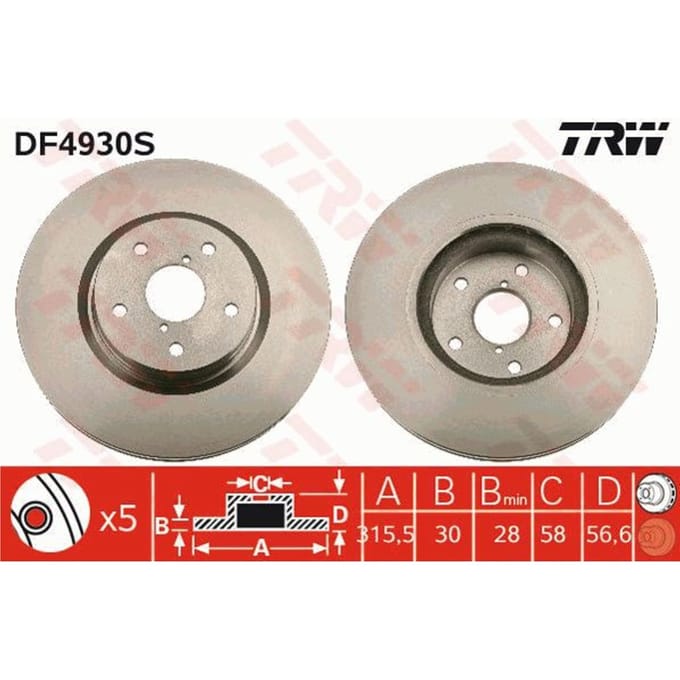 Remschijf TRW DF4930S voorkant, geventileerd, sterk gecarboniseerd, 1 Stuk
