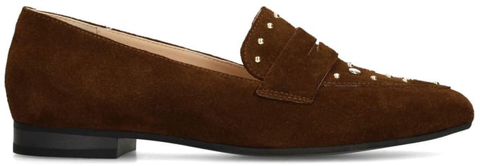Manfield - Dames - Donkerbruine suède loafers met gouden studs - Maat 38