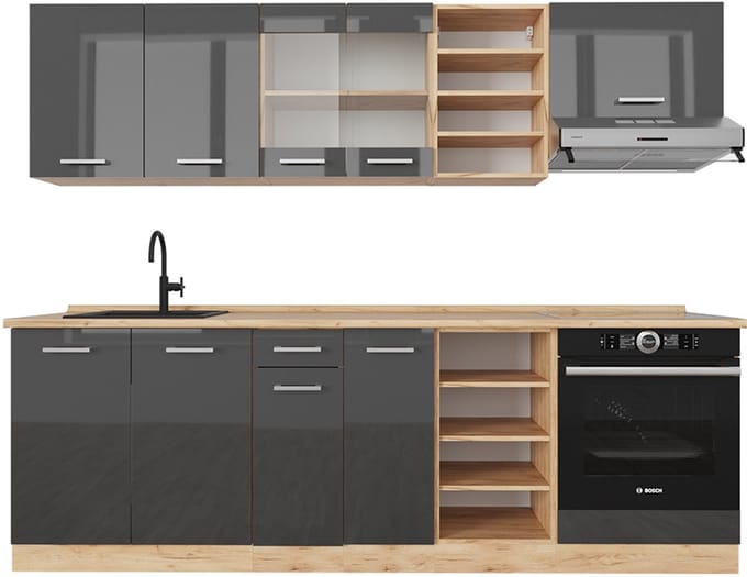 Vicco R-Line Complete keukeneenheid – 240 cm, WB Eik Antraciet hoogglans/goud eiken