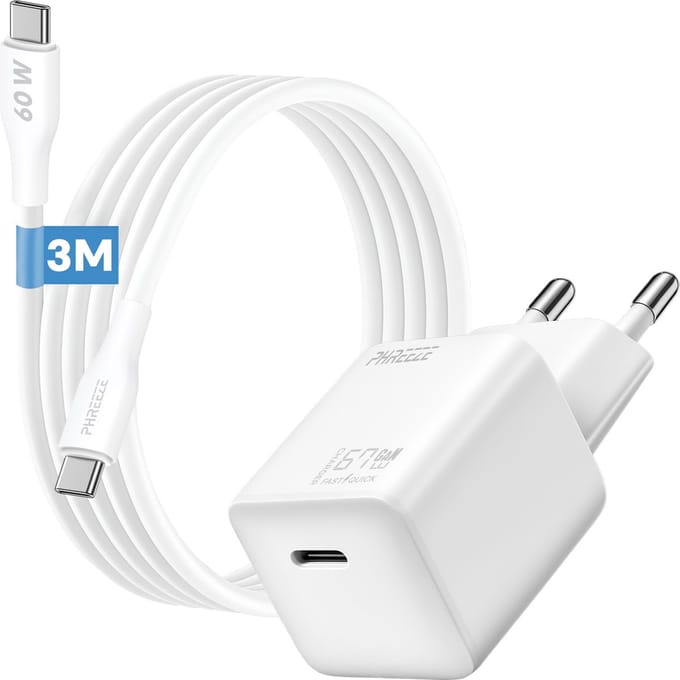 65w usb c stekker - usb C kabel 3 meter - GaN - usb C oplader - usb c naar usb c - oplader met kabel voor telefoon, tablet en laptop - 3 meter lang - snellader