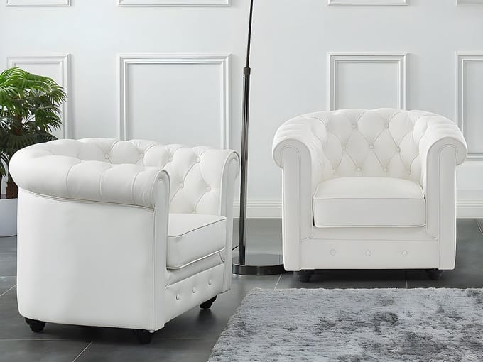Vente-unique Set van 2 fauteuils van buffelleer CHESTERFIELD - Wit