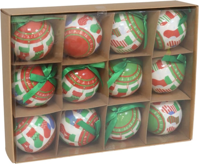 Gerimport Gedecoreerde kerstballen - 12x stuks - 7,5 cm - rood/groen/wit - kunststof