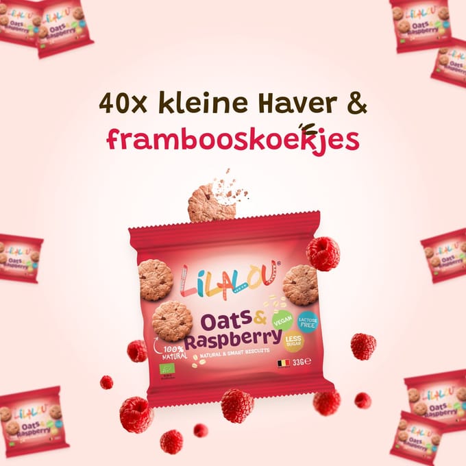 40x LilaLou Biscuits Haver & frambooskoekjes 33g - Bio, vegan, lactose free & less sugars