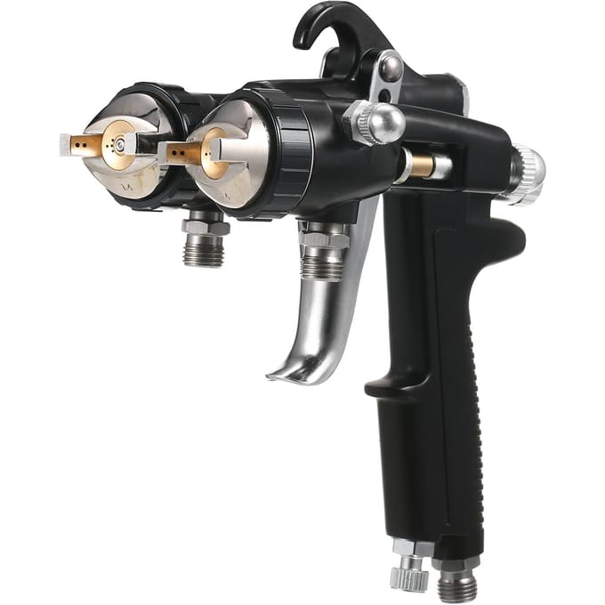 Dubbele 1,4 mm spuitmond, dubbele koppen, twee componenten spiegeleffect, zilverchroom, luchtaangedreven spuitmachine zwart