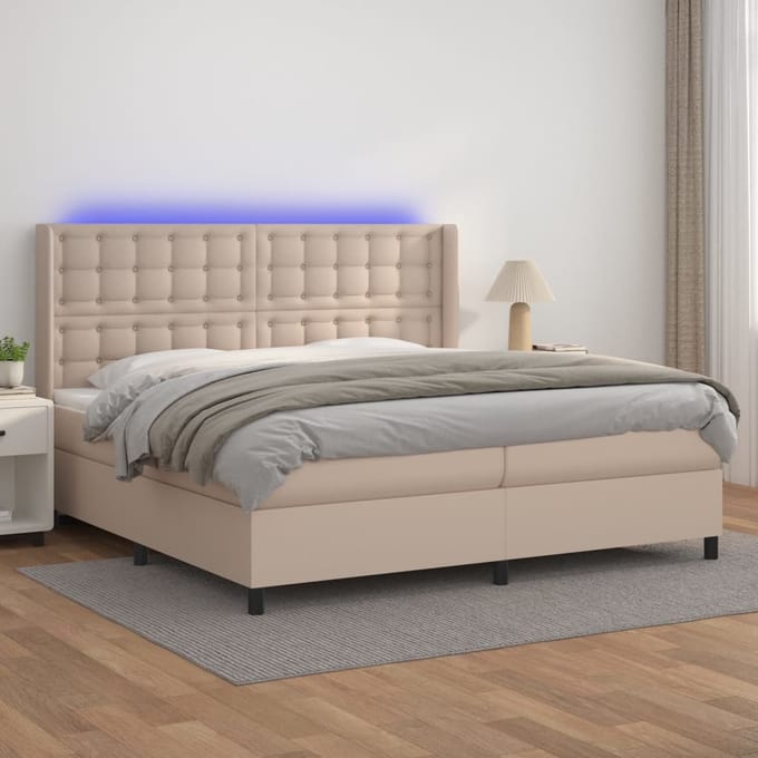 vidaXL - Boxspring - met - matras - en - LED - kunstleer - cappuccinokleur - 200x200cm
