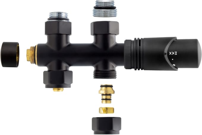 H&F Design Radiatorkraan Thermostatisch – Middenaansluiting – Recht – Vloeraansluiting – Mat Zwart
