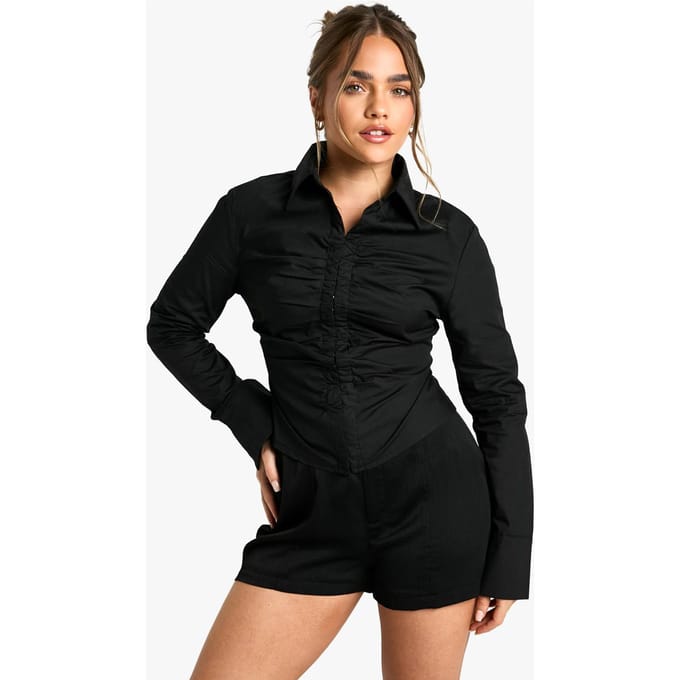 boohoo Dames Petite Getailleerde Gerafelde Shirt | Black | Maat: 6